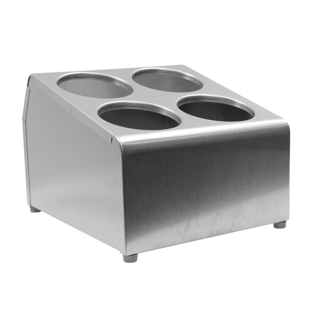 A stainless steel flatware cylinder holder with four circular compartments on top, designed to hold cups or containers. The unit is angled for easy access, has a brushed metal finish, and stands on four small feet.