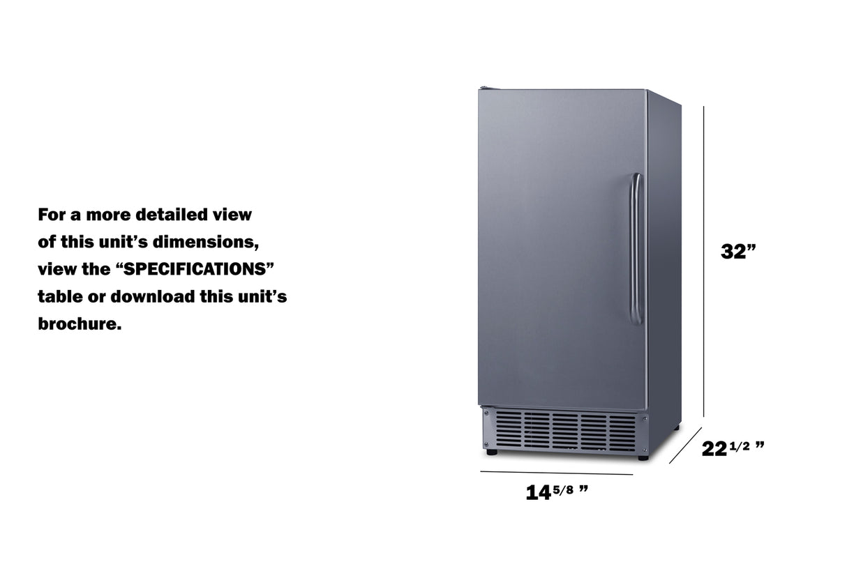 A sleek, stainless steel commercial icemaker is shown with its dimensions labeled: 32 inches tall, 14 5/8 inches wide, and 22 1/2 inches deep. Text on the left suggests viewing the “SPECIFICATIONS” table or brochure for more details.