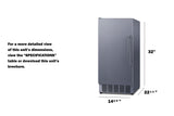A sleek, stainless steel commercial icemaker is shown with its dimensions labeled: 32 inches tall, 14 5/8 inches wide, and 22 1/2 inches deep. Text on the left suggests viewing the “SPECIFICATIONS” table or brochure for more details.