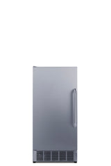 A front-facing, stainless steel mini refrigerator with a right-side vertical handle and ventilation grilles at the bottom, set against a plain white background. This sleek, modern fridge is ADA compliant and features a streamlined rectangular shape.