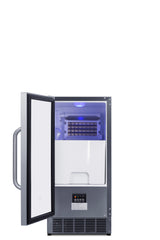 A modern stainless steel commercial icemaker with its door open reveals the ice compartment inside. Blue LED lighting illuminates the space, while a digital control panel with buttons and a display screen is visible on the lower front.