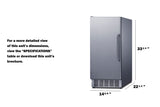 A stainless steel ice maker refrigerator is shown on a white background. Dimensions are listed: height 33 3/4, depth 22 1/2, width 14 5/8. See the “SPECIFICATIONS” table or unit brochure for more details.