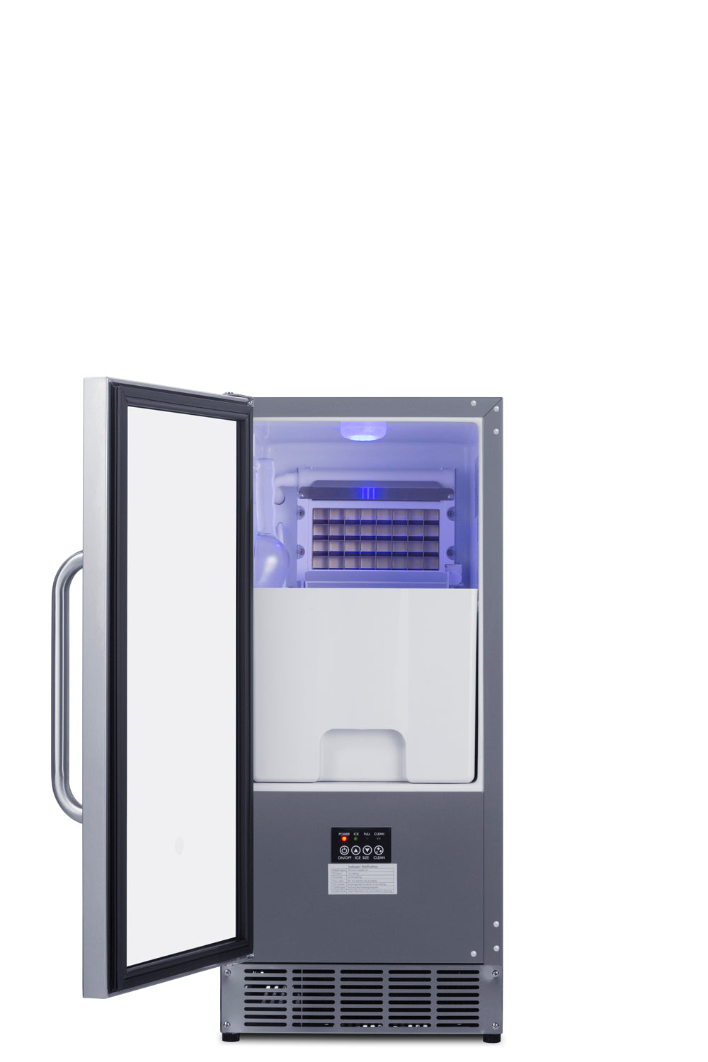 A commercial icemaker with its front door open reveals the interior ice-making compartment lit by a blue light. This stainless steel ice maker features a vertical handle, bottom vents, and a visible ice tray and cube chute. The background is plain white.