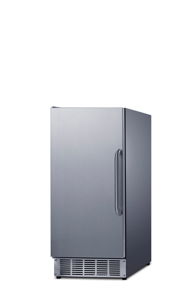 A modern stainless steel ice maker with a sleek, rectangular design. This ENERGY STAR ice maker features a solid door with a curved handle on the right and ventilation slats at the bottom. The background is plain white.