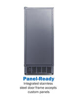 A front view of a built-in undercounter ice maker features a plain, flat stainless steel door and vented panel at the bottom. Blue text below reads Panel-Ready, and black text notes it delivers clear ice production and accepts custom panels.