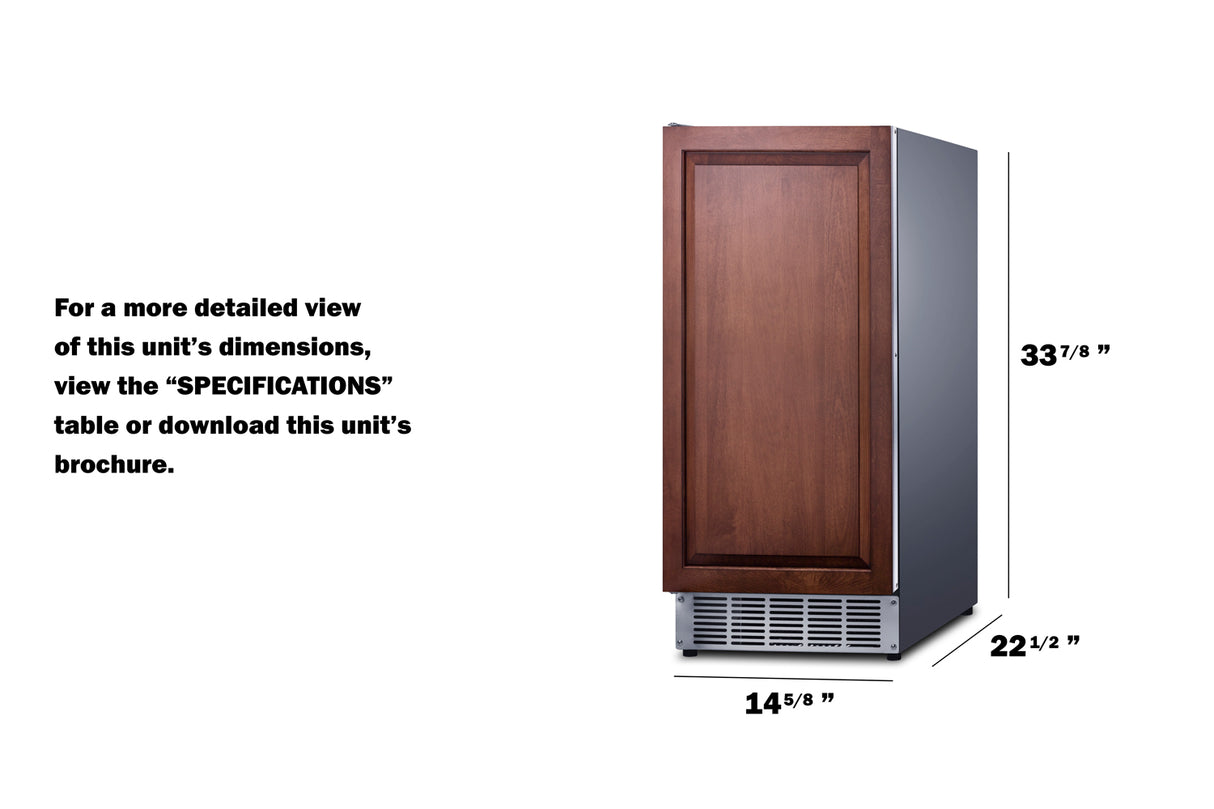 A compact built-in undercounter ice maker with stainless steel and wood paneling, featuring a bottom vent. Dimensions: 33 7/8" tall, 22 1/2" deep, 14 5/8" wide. For clear ice production details, see the ‘SPECIFICATIONS’ table or brochure.