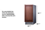 A compact built-in undercounter ice maker with stainless steel and wood paneling, featuring a bottom vent. Dimensions: 33 7/8" tall, 22 1/2" deep, 14 5/8" wide. For clear ice production details, see the ‘SPECIFICATIONS’ table or brochure.