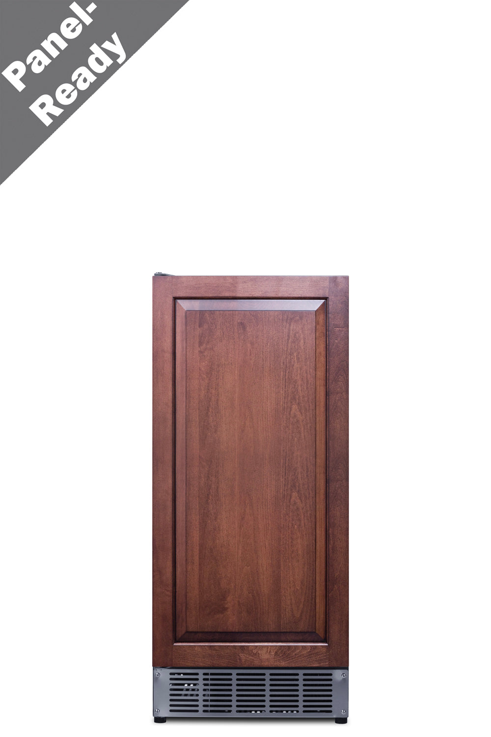 A tall, narrow built-in undercounter ice maker with a rich brown wood panel door and stainless steel vent at the bottom. Diagonal gray banner in the top left corner reads Panel Ready. Ideal for clear ice production, it stands upright on a white background.