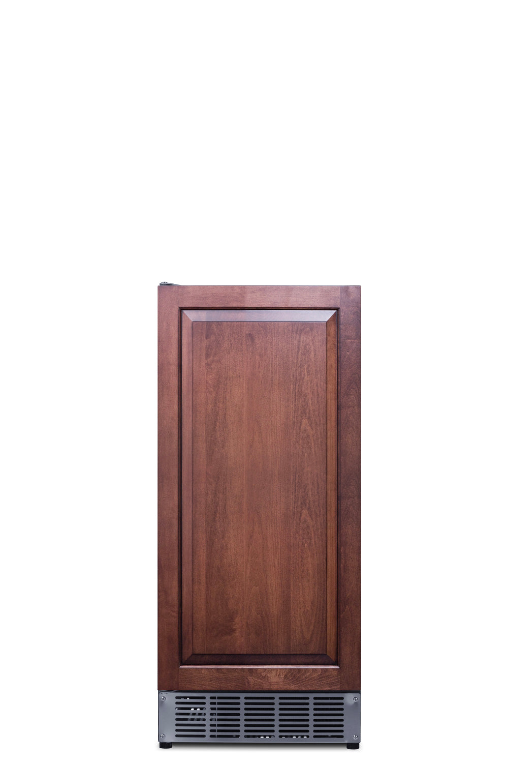 A front view of a built-in undercounter ice maker with a wood-paneled door and decorative trim. The lower section features a stainless steel vent, highlighting its clear ice production capability. The background is white.