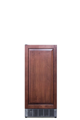 A front view of a built-in undercounter ice maker with a wood-paneled door and decorative trim. The lower section features a stainless steel vent, highlighting its clear ice production capability. The background is white.