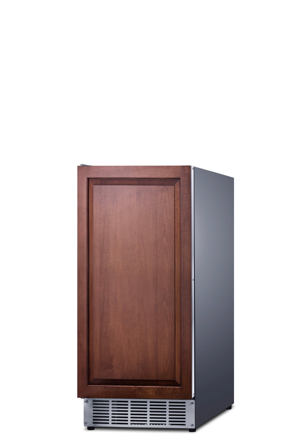 A freestanding stainless steel icemaker with a dark wood paneled door, silver metal sides, and base vent—resembling a compact refrigerator—stands against a plain white background, designed for clear ice production.