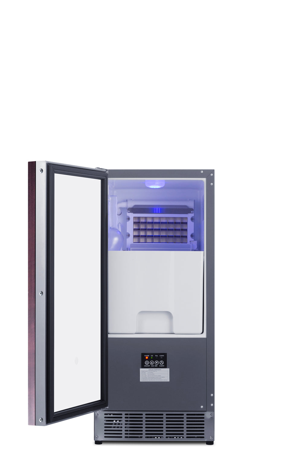 A front view of a stainless steel icemaker with its door open, revealing an illuminated interior, ice bin, and ice-making compartment. This built-in undercounter ice maker features clear ice production, a digital control panel, and bottom ventilation openings.