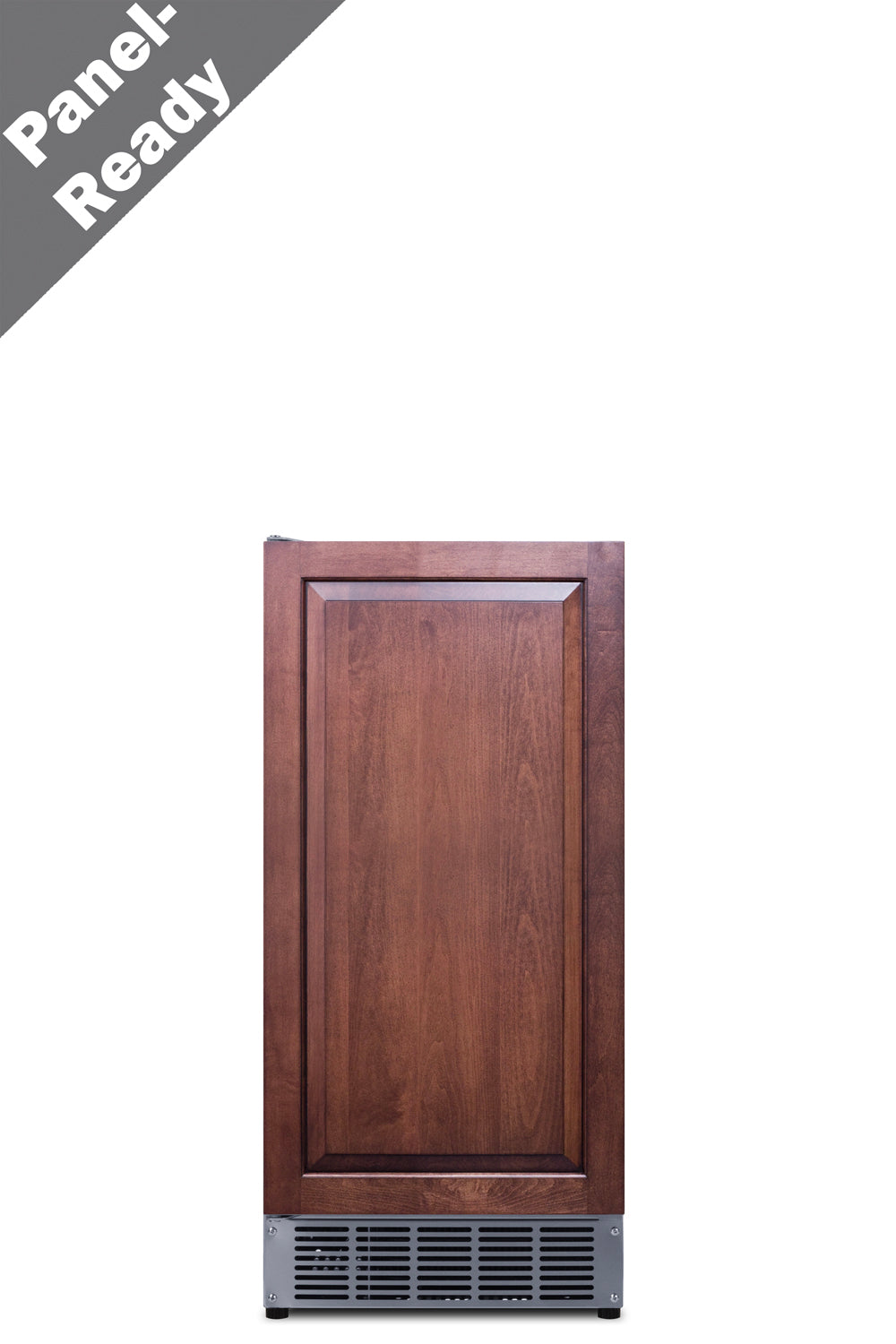 A tall, narrow ENERGY STAR ice maker with a wooden panel front and stainless steel vent at the bottom. The wood has a dark brown finish and rectangular frame detail. A gray banner in the top corner reads “Panel-Ready” in white text on a plain white background.
