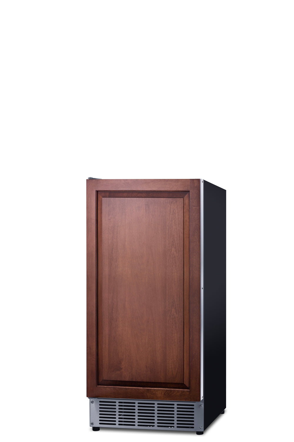 A compact, freestanding commercial icemaker with a stainless steel base and a wooden front panel door. The wood panel has a rectangular raised border design, while the rest features a sleek black exterior and front base ventilation slots.