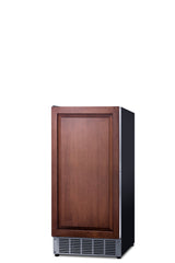 A compact, freestanding commercial icemaker with a stainless steel base and a wooden front panel door. The wood panel has a rectangular raised border design, while the rest features a sleek black exterior and front base ventilation slots.
