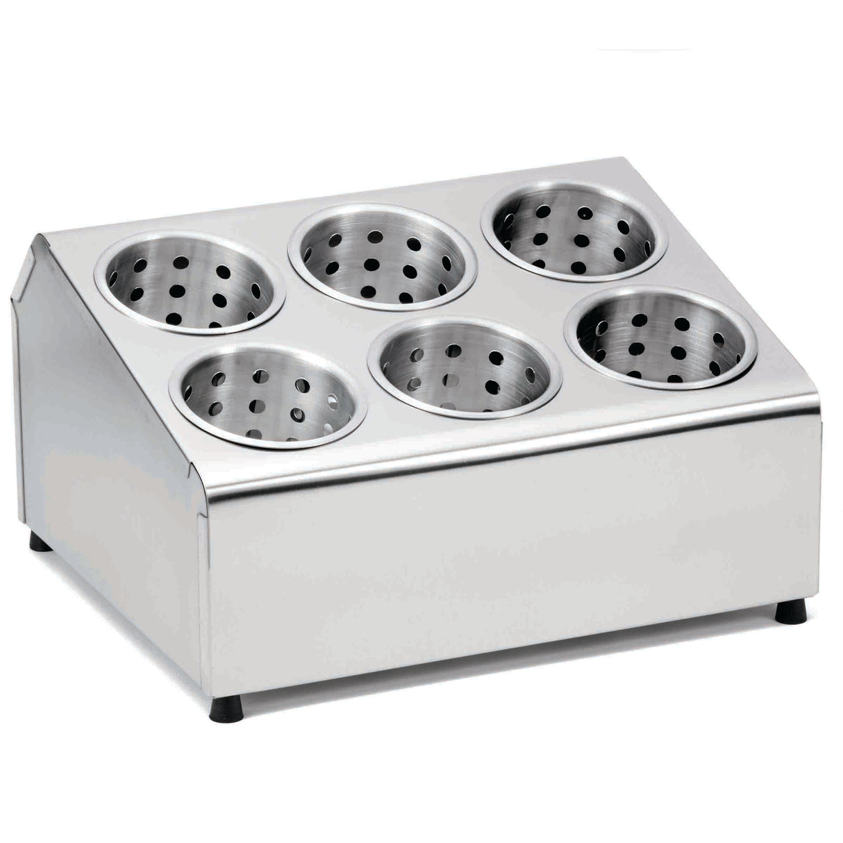 A stainless steel flatware cylinder holder with six round, perforated compartments in two rows of three, designed for organizing kitchen tools like cutlery or ladles. The slanted front unit has small black feet and is dishwasher safe for easy cleaning.