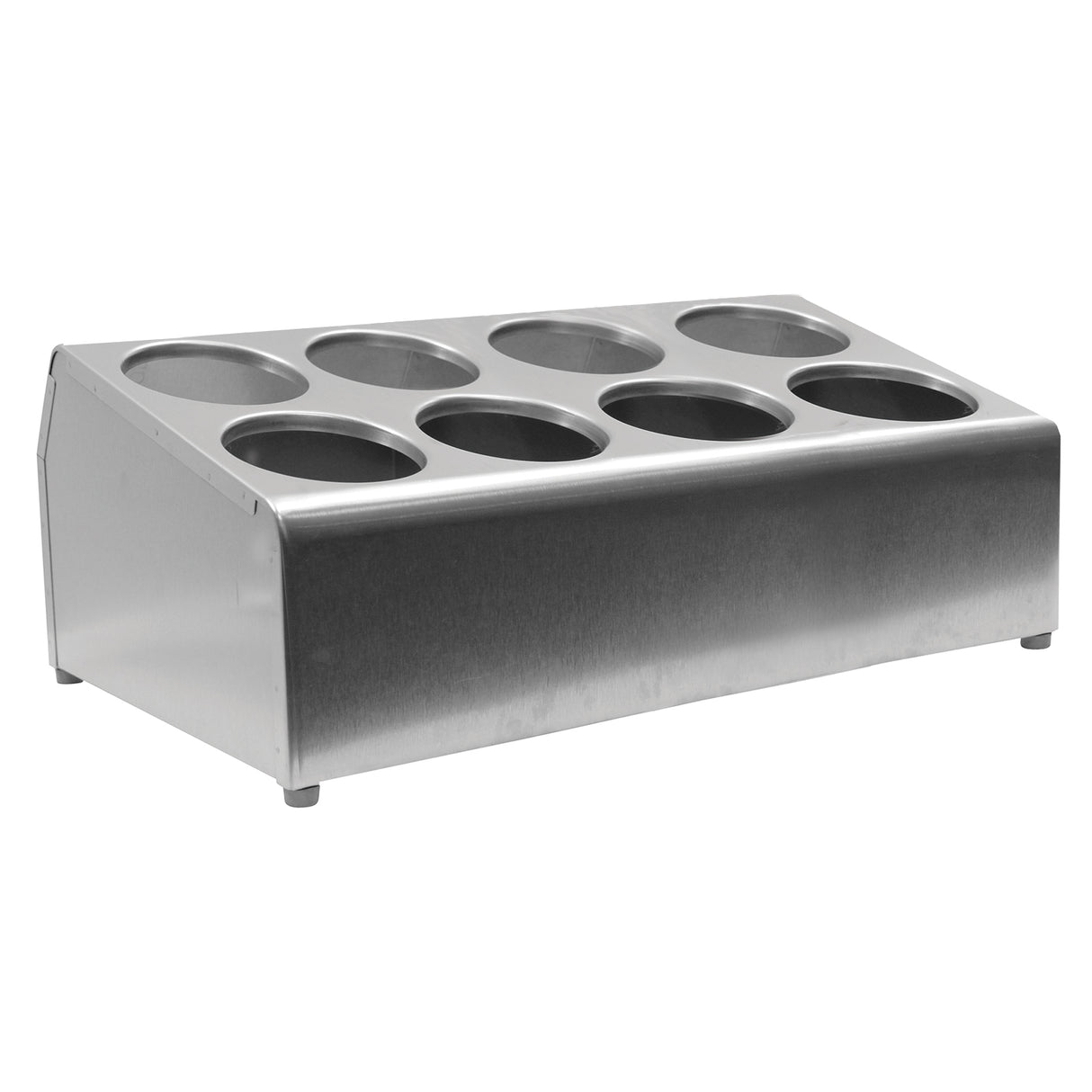 A stainless steel two-tier countertop organizer with eight circular cutouts, designed for holding cups, lids, or other cylindrical items. The flatware cylinder holder features a slanted top surface, small feet, and a brushed metallic finish.