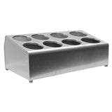 A stainless steel two-tier countertop organizer with eight circular cutouts, designed for holding cups, lids, or other cylindrical items. The flatware cylinder holder features a slanted top surface, small feet, and a brushed metallic finish.