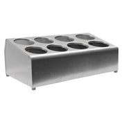 A stainless steel two-tier countertop organizer with eight circular cutouts, designed for holding cups, lids, or other cylindrical items. The flatware cylinder holder features a slanted top surface, small feet, and a brushed metallic finish.
