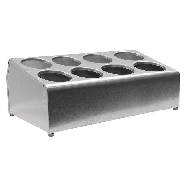 A stainless steel two-tier countertop organizer with eight circular cutouts, designed for holding cups, lids, or other cylindrical items. The flatware cylinder holder features a slanted top surface, small feet, and a brushed metallic finish.