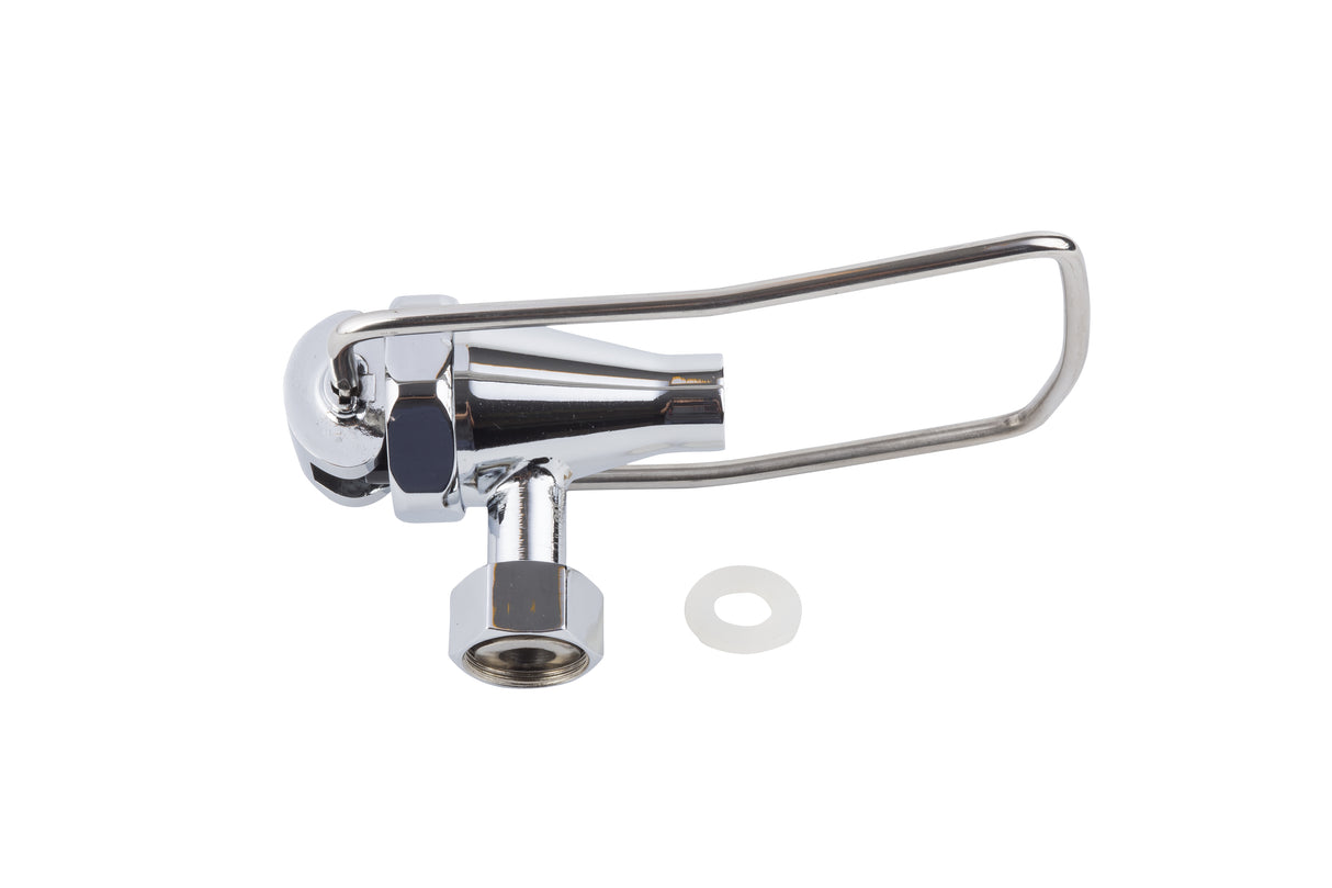 A metallic, chrome-plated TableCraft beverage dispenser faucet with a lever handle and nut attachment rests on a white background. To the right of the spout is a small, circular white washer. The parts are new and clean.