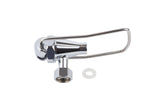 A metallic, chrome-plated TableCraft beverage dispenser faucet with a lever handle and nut attachment rests on a white background. To the right of the spout is a small, circular white washer. The parts are new and clean.
