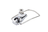 A shiny, chrome-plated mechanical part resembling a beverage dispenser faucet features a cylindrical body, an attached valve, a circular knob on top, and a thin, rectangular wire loop. The TableCraft-style object is isolated on a white background.