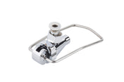 A shiny, chrome-plated mechanical part resembling a beverage dispenser faucet features a cylindrical body, an attached valve, a circular knob on top, and a thin, rectangular wire loop. The TableCraft-style object is isolated on a white background.