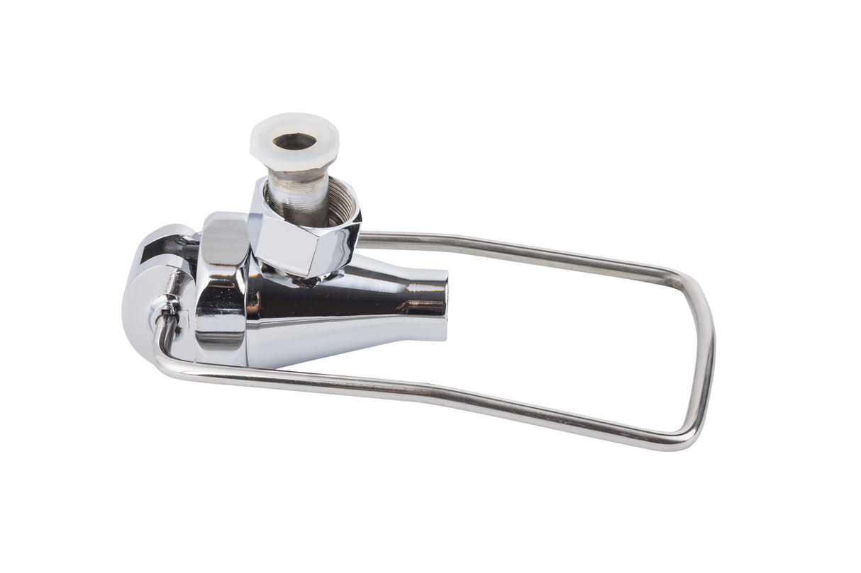 A shiny metal drum key with a rectangular, bent wire handle and a cylindrical socket for tuning drum lugs, resembling a miniature faucet. The chrome-plated body features a knurled grip and hexagonal nut detail against a plain white background.
