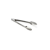 A pair of stainless steel utility tongs with scalloped gripping edges is shown on a white background. The tongs are open, displaying their simple, functional design. These dishwasher safe tongs are ideal for handling food while cooking or serving.