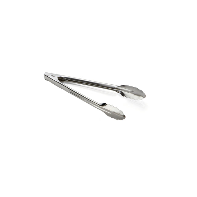 A pair of stainless steel utility tongs with scalloped gripping edges is shown on a white background. The tongs are open, displaying their simple, functional design. These dishwasher safe tongs are ideal for handling food while cooking or serving.