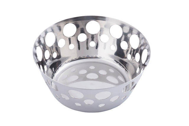 A shiny, round stainless steel bowl with a smooth surface. The sides feature variously sized circular cutouts arranged in a pattern, creating a decorative, modern look. This basket is empty and photographed on a plain white background.
