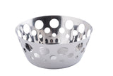 A shiny, stainless steel bowl with a polished surface features large and small circular cut-out holes around its sides. This modern, decorative basket is empty and set against a plain white background.