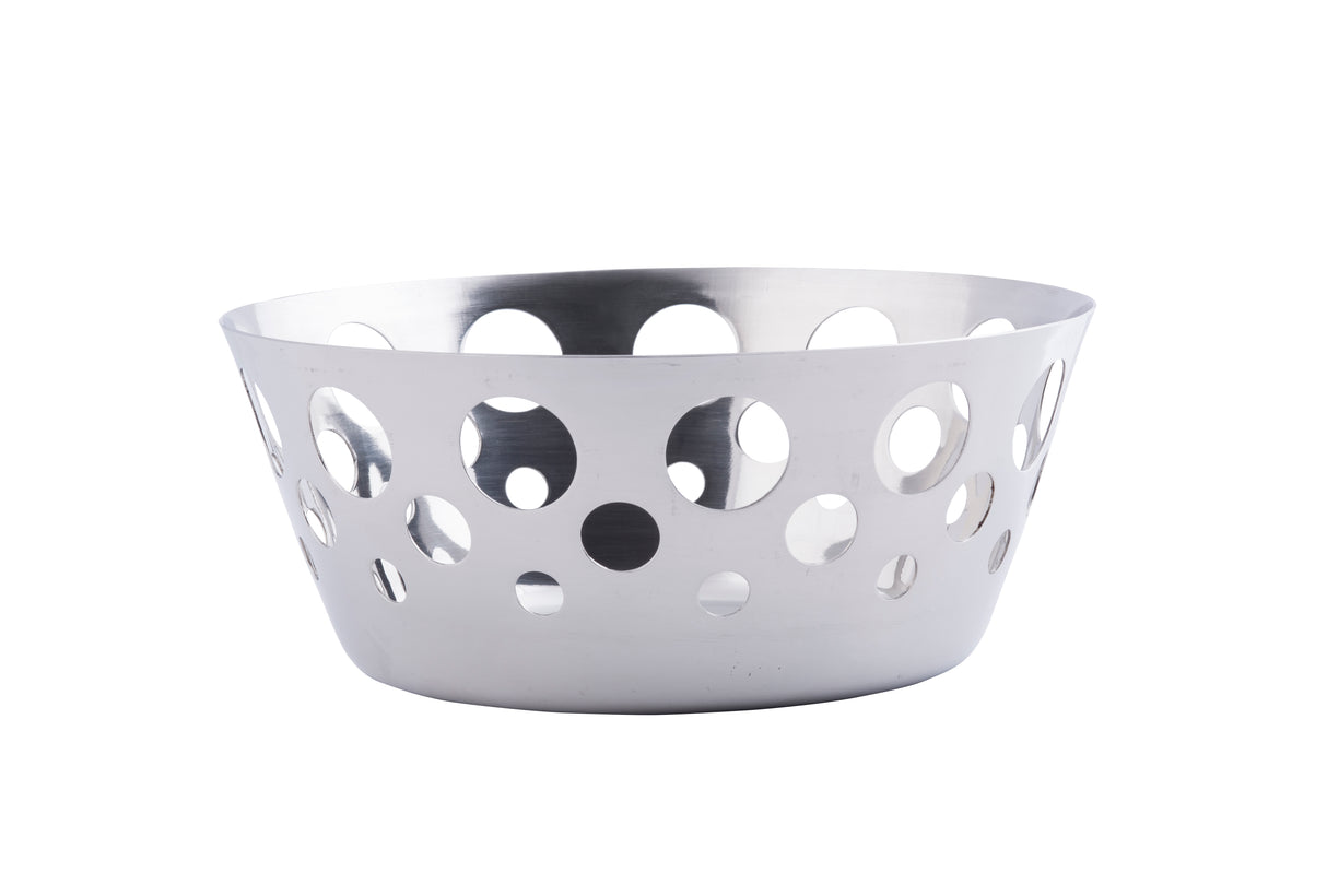 A round, stainless steel bowl with a smooth finish and variously sized circular cutouts around its sides, isolated on a white background. The bowl has a modern, decorative design and is dishwasher safe.
