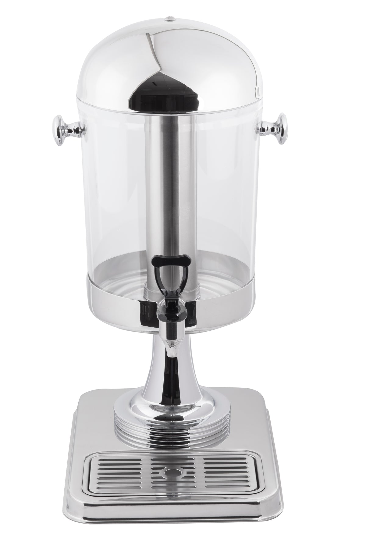 A polished stainless steel and clear plastic 2-gallon beverage dispenser with a dome lid, front spigot, side handles, and a drain tray at the base—perfect for serving juice or water at buffets or gatherings.
