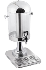 A 2 gallon stainless steel and clear plastic beverage dispenser with a domed lid, side handles, a central cooling cylinder, black spigot, and a rectangular drip tray at the base. It stands on a square platform with a raised, ridged grate.