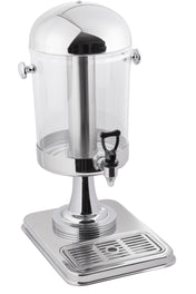 A 2 gallon stainless steel and clear plastic beverage dispenser with a domed lid, side handles, a central cooling cylinder, black spigot, and a rectangular drip tray at the base. It stands on a square platform with a raised, ridged grate.