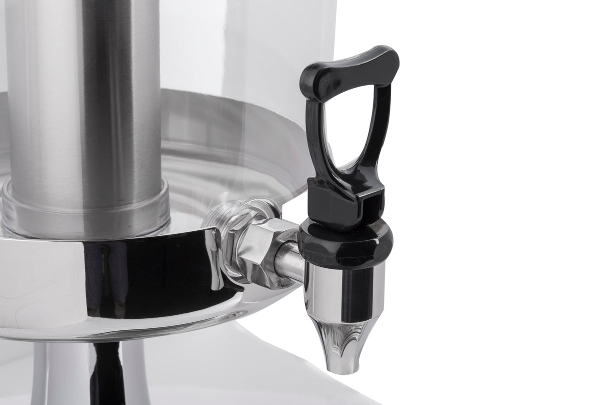 Close-up of a 2 gallon beverage dispenser with a shiny stainless steel base and a black plastic spigot. The spigot, equipped with a handle for easy pouring, is attached to the lower part of the dispenser. The background is plain white.