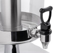 Close-up of a 2 gallon beverage dispenser with a shiny stainless steel base and a black plastic spigot. The spigot, equipped with a handle for easy pouring, is attached to the lower part of the dispenser. The background is plain white.