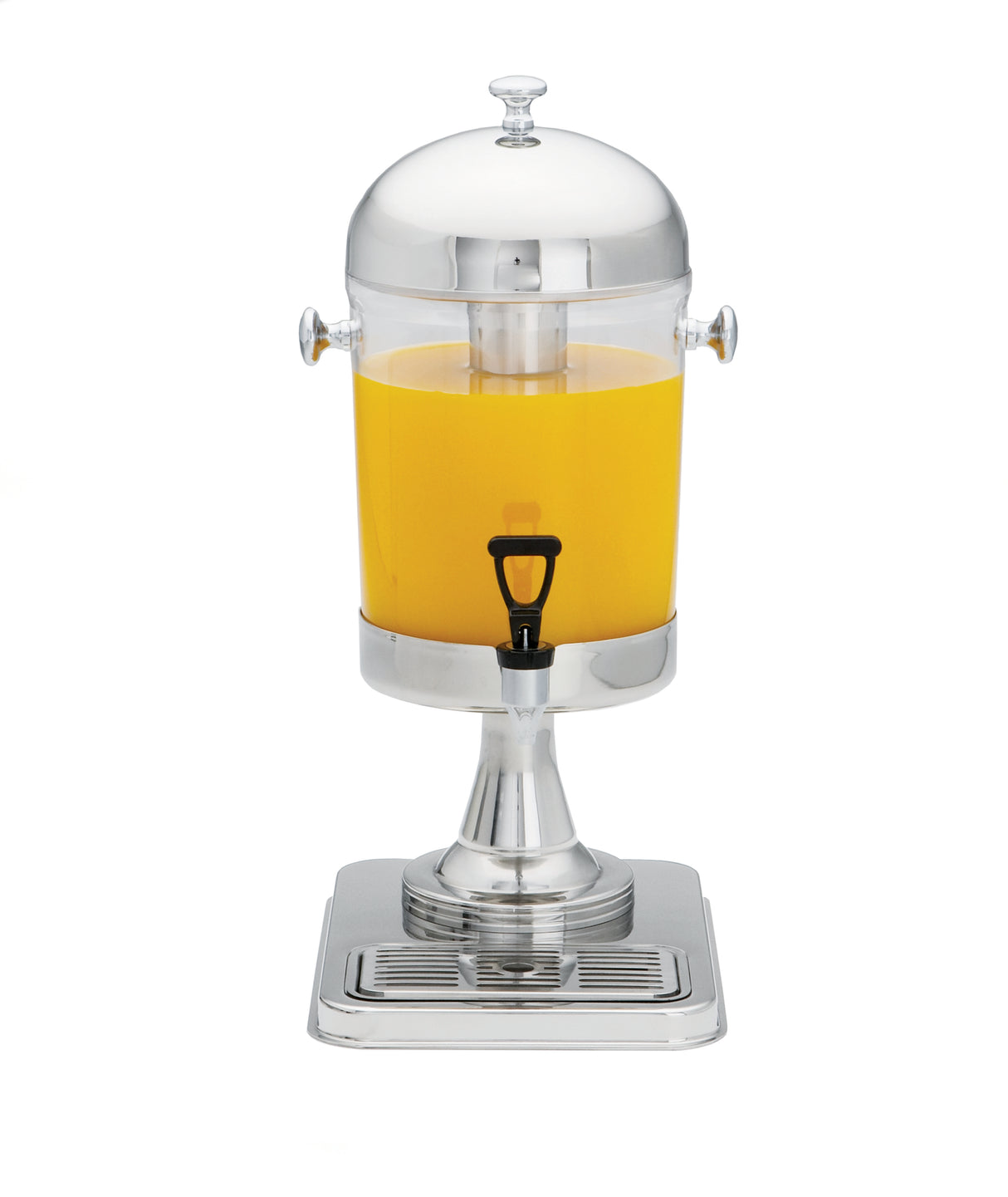 A 2 gallon stainless steel and clear glass beverage dispenser filled with orange juice stands on a square metal drip tray. It features a dome-shaped lid with a knob, side handles, and a black lever tap at the front for easy serving.