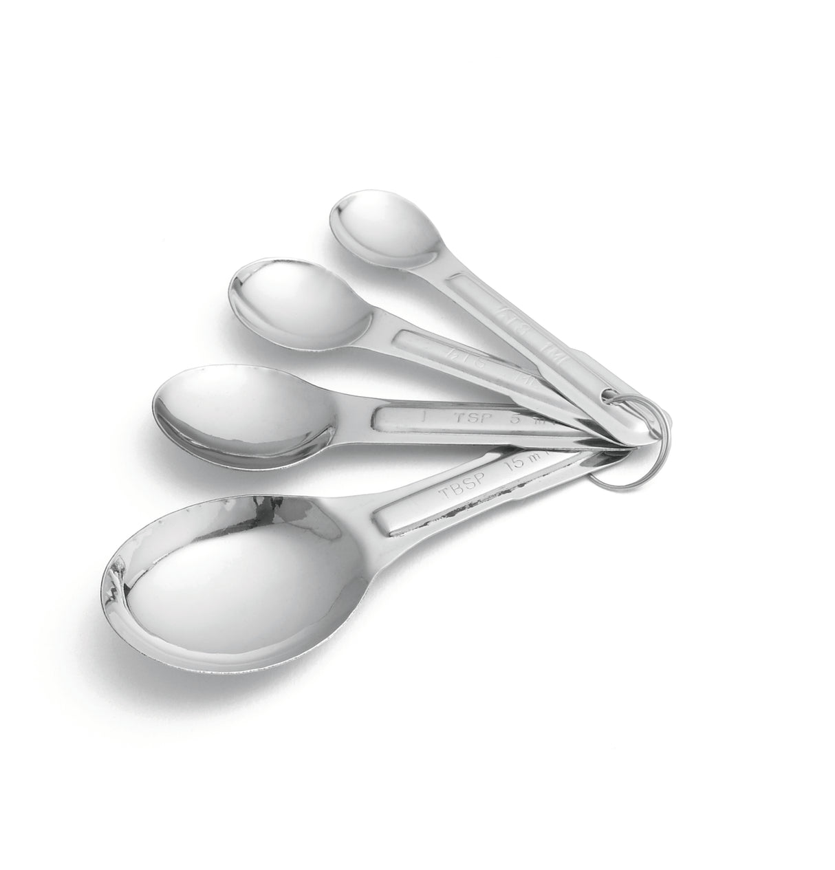 A stainless steel measuring spoon set features four different sizes stacked together on a metal ring. Dishwasher safe and neatly arranged on a white background, this set is both practical and stylish.