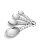 A stainless steel measuring spoon set features four different sizes stacked together on a metal ring. Dishwasher safe and neatly arranged on a white background, this set is both practical and stylish.