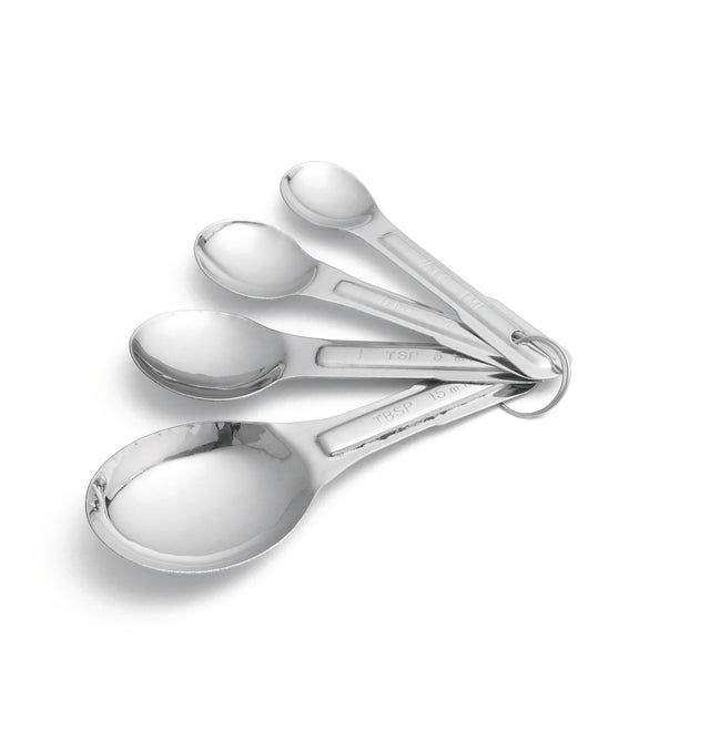 A stainless steel measuring spoon set features four different sizes stacked together on a metal ring. Dishwasher safe and neatly arranged on a white background, this set is both practical and stylish.