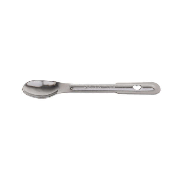 A small, stainless steel measuring spoon with a flat handle and rounded bowl is centered on a white background. The handle features an oval hole near the end and engraved "1/4 tsp" text. The design is sleek and minimalistic.