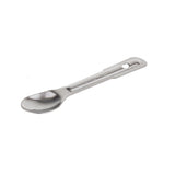 A small, stainless steel measuring spoon with a flat handle featuring a hole near the end. The shiny surface and engraved "MA 18-8 YOSHIKAWA" detail make it perfect for precise 1/4 tsp measurements. Placed on a plain white background.