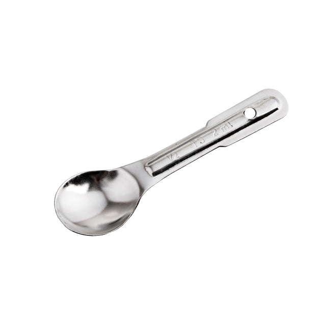 A small stainless steel measuring spoon with a rounded bowl and flat handle, marked “1/2 tsp – 2 ml.” Dishwasher safe, it features a hanging hole at the handle’s end and is photographed on a white background.