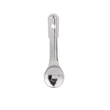 A shiny stainless steel spoon, viewed from above, with a flat, straight handle featuring a hole near the top for hanging. The bowl is rounded and reflective, shallow grooves run along the handle, and it's dishwasher safe against a plain white background.