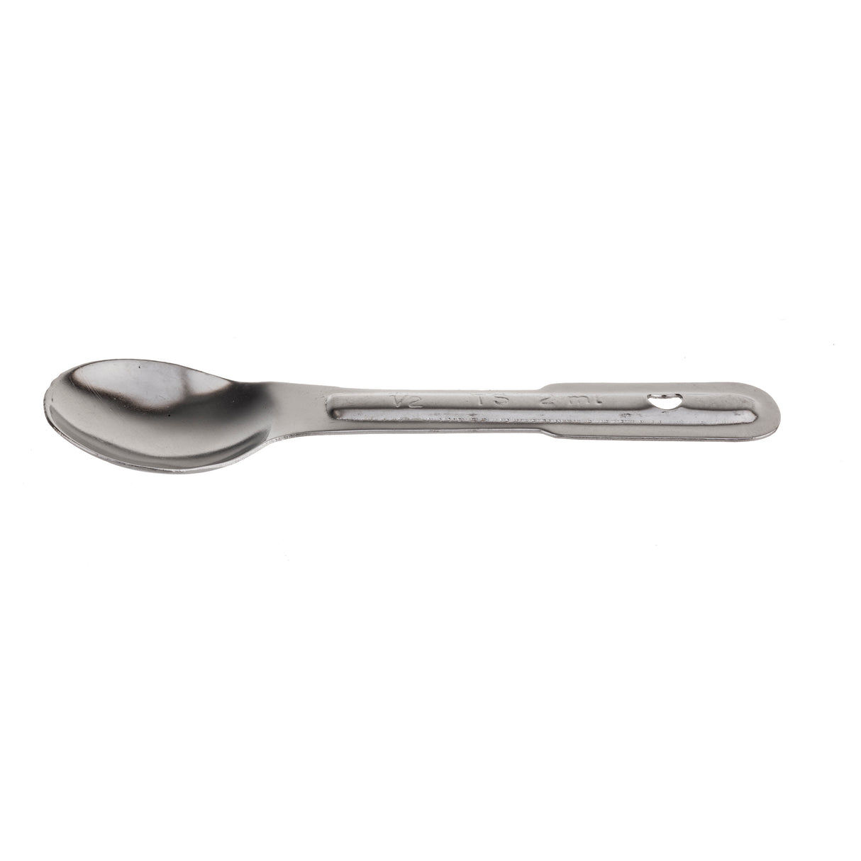 A single stainless steel spoon with a rounded bowl and a handle featuring a small hole near the end, set against a plain white background. The simple, utilitarian design makes it dishwasher safe and ideal for everyday use.