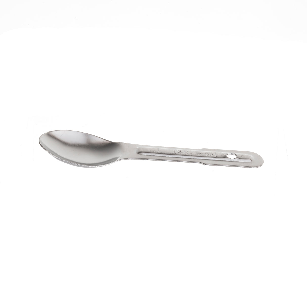 A single stainless steel measuring spoon, marked 1 tsp, with a shallow bowl and flat handle rests on a plain white background. A small hole at the end of the handle allows for easy hanging or attaching. Simple and utilitarian in design.