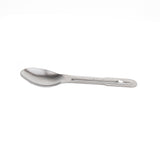 A single stainless steel measuring spoon, marked 1 tsp, with a shallow bowl and flat handle rests on a plain white background. A small hole at the end of the handle allows for easy hanging or attaching. Simple and utilitarian in design.